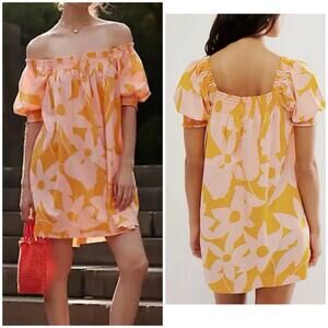 NEW Free People Mini Dress Off Shoulder L Smocked Puff Sleeve Pink Yellow Floral